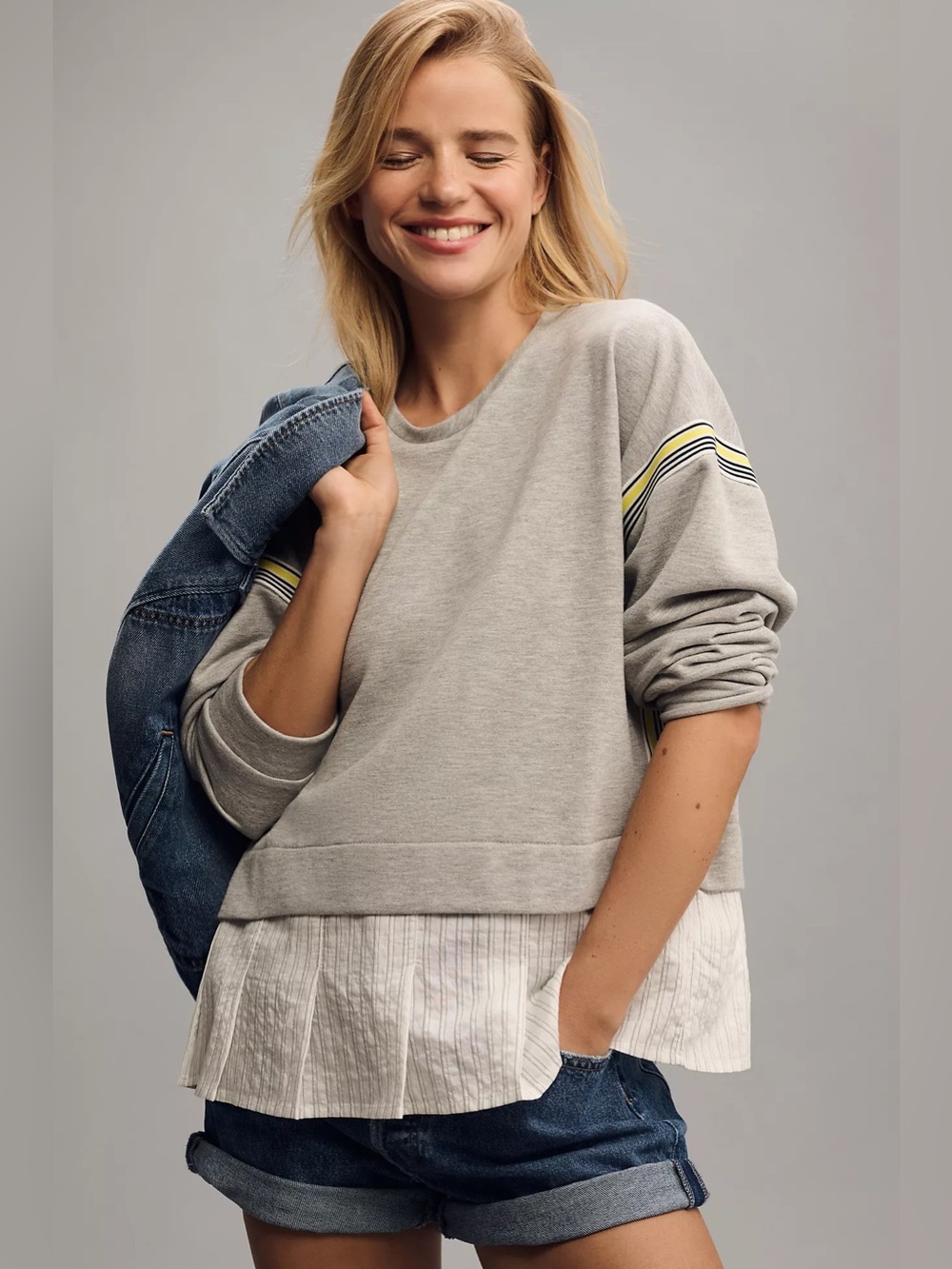 Maeve Anthropologie - Stripe Tape Twofer Blouse - Size Large - Grey